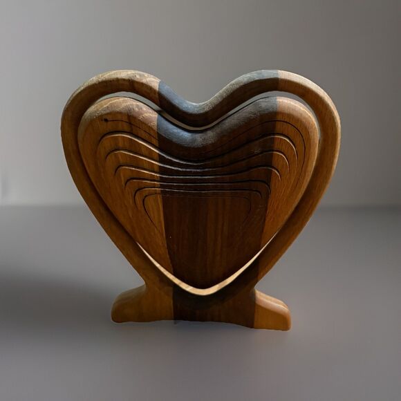 Vintage Mid-Century Accordion Wood Heart Shaped Folding Fruit Basket Trivet Bowl - Picture 4 of 8